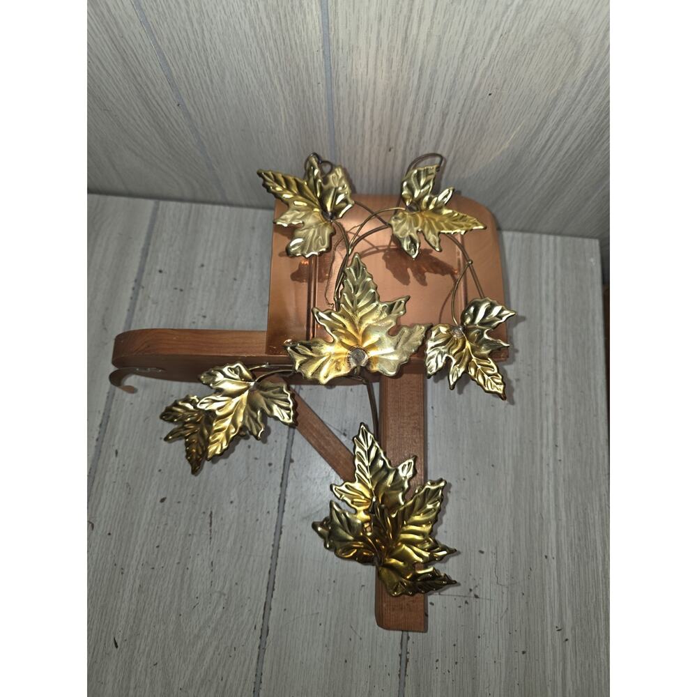 Vintage Copper Brass Mailbox Leaves Wood Wall Hanging USA MCM Heritage Home Int